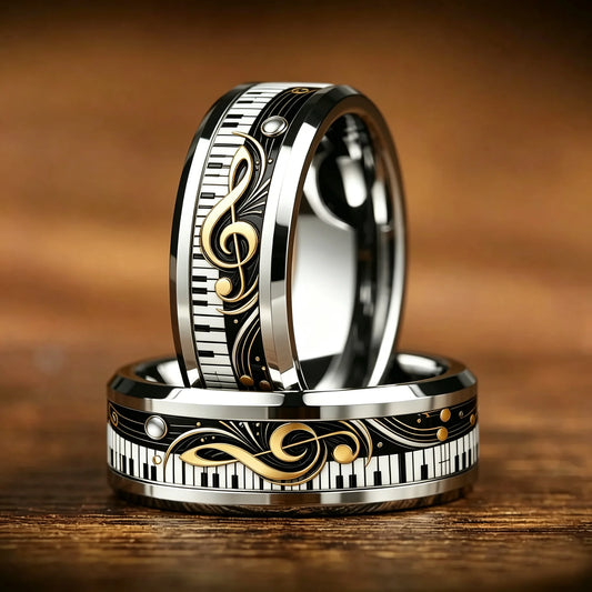 Elegant Piano Keys And Golden Notes Pattern Inlay Ring Fashion Stainless Steel Rings for Men Women Wedding Band Jewelry Gifts