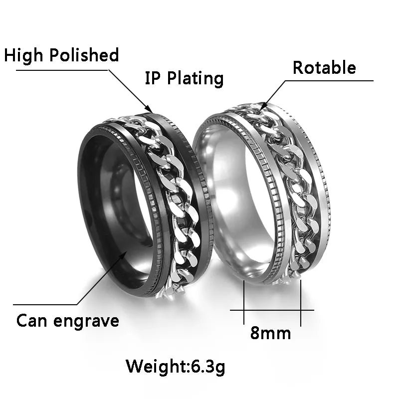 Cool Stainless Steel Rotatable Men Ring High Quality Spinner Chain Punk Women Jewelry for Party Gift