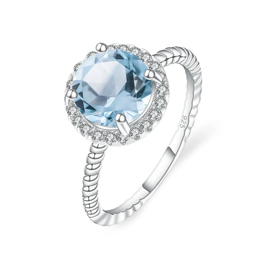 GEM'S BALLET 925 Sterling Silver Gemstone Ring 2.5ct Round Natural Sky Blue Topaz Ring Birthstone Gift for Her