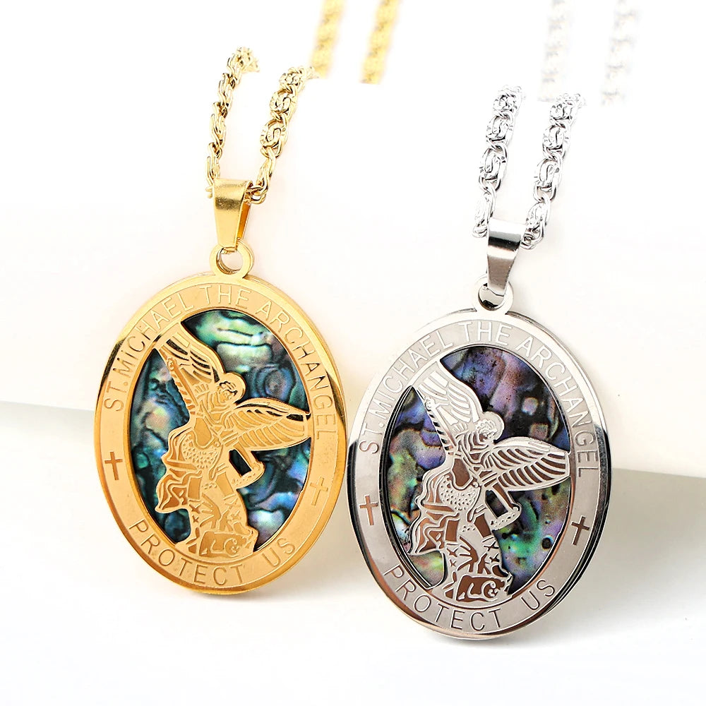 Archangel St.Michael Protect Us Oval Pendant Necklace for Women Men Stainless Steel Christian Saint Michael Chain Jewelry Gift