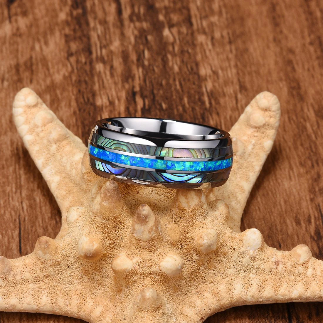Fashion Men Silver Color Stainless Steel Rings, Inlay Blue Opal and Abalone Shell Rings For Men Women, Wedding Band Jewelry Gift