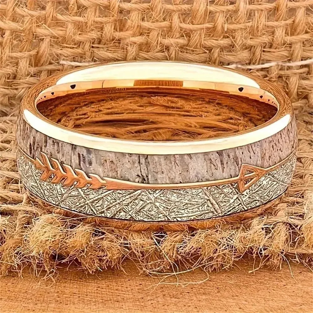 Fashion 8mm Men Stainless Steel Rings Rose Gold Color Brushed Deer Antler And Meteorite Arrow Rings for Men Wedding Band Jewelry