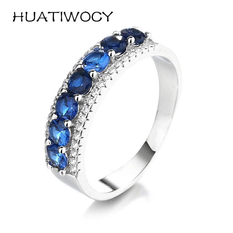 HUATIWOCY Luxury 925 Silver Jewelry Ring with Sapphire Zircon Gemstone Finger Rings Accessories for Women Wedding Party Gifts