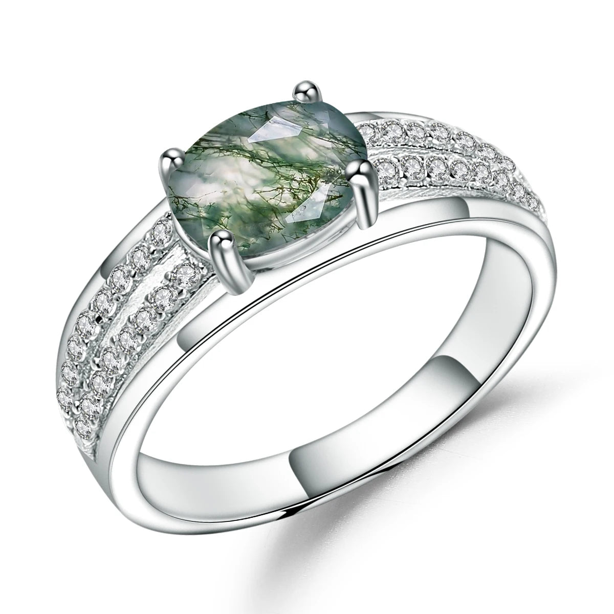 GEM'S BALLET Dainty 1.3Ct 6x8mm Natural Moss Agate Gemstone Ring in 925 Sterling Silver Wedding Engagement Ring Gift For Her 925 Sterling Silver Moss Agate