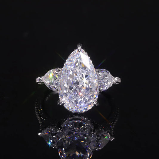 GEM'S BALLET Pear Shape Zircon CZ- White Cluster Handmade Rings 925 Sterling Silver Three Stone Engagement Ring