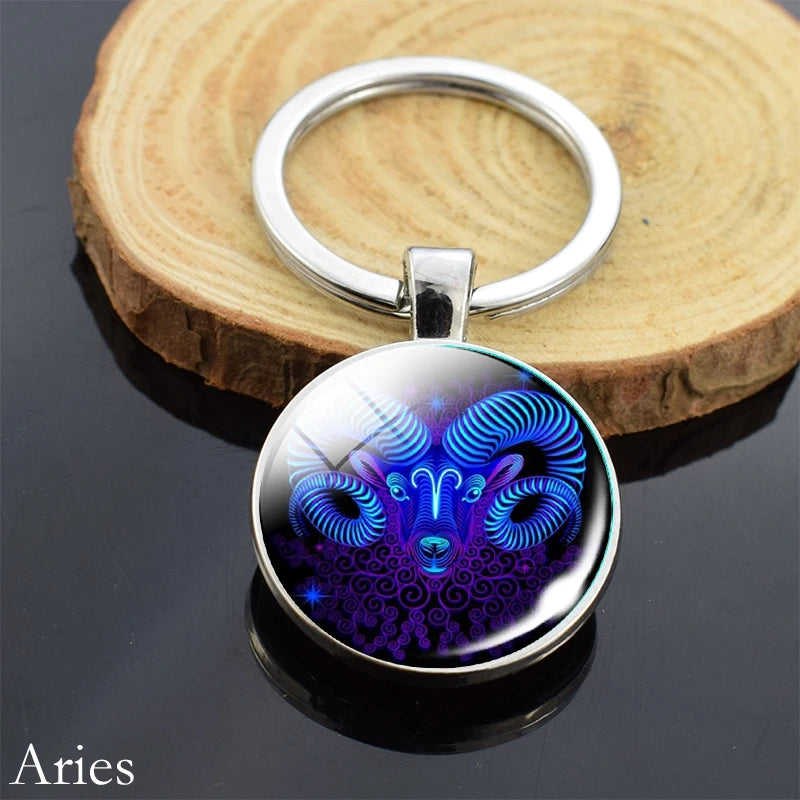 12 Zodiac Sign Keychain Sphere Ball Crystal Key Rings Scorpio Leo Aries Constellation Birthday Gift for Women and Mens Aries 2