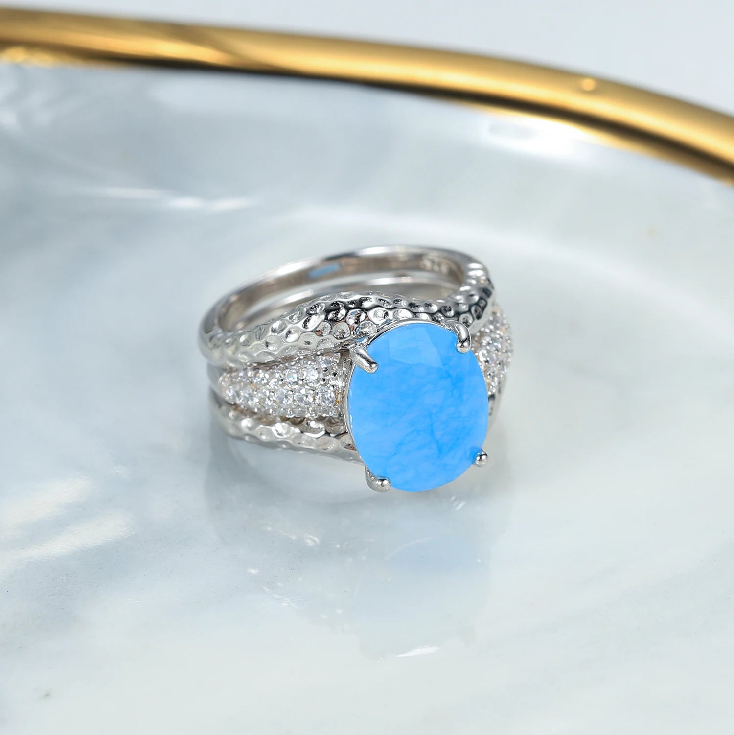 GEM'S BALLE Aqua-blue Calcedony Gemstone Cocktail Ring 925 Sterling Silver Handmade Jacket Rings For Women Fine Jewelry