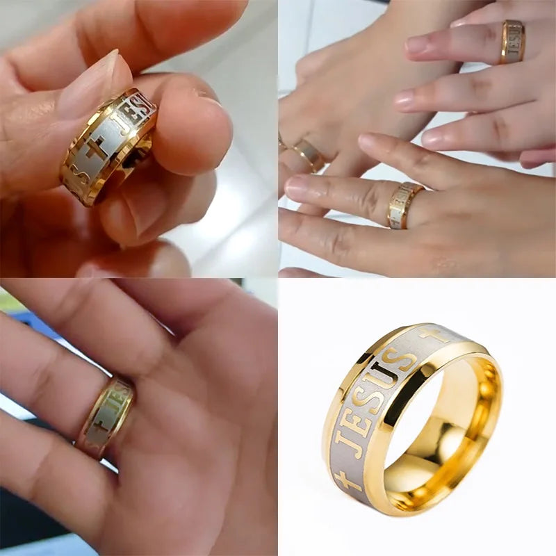 Stainless Steel Black Color Jesus Cross Letter Bible Prayer Finger Rings For Men 8mm Amulet Jewelry