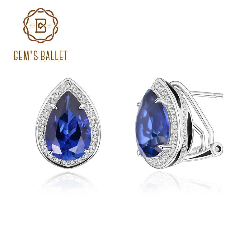 GEM'S BALLET Tiger Element Earrings Pear Shape 8x12mm Lab Blue Sapphire Stud Earrings in 925 Sterling Silver Gift For Her