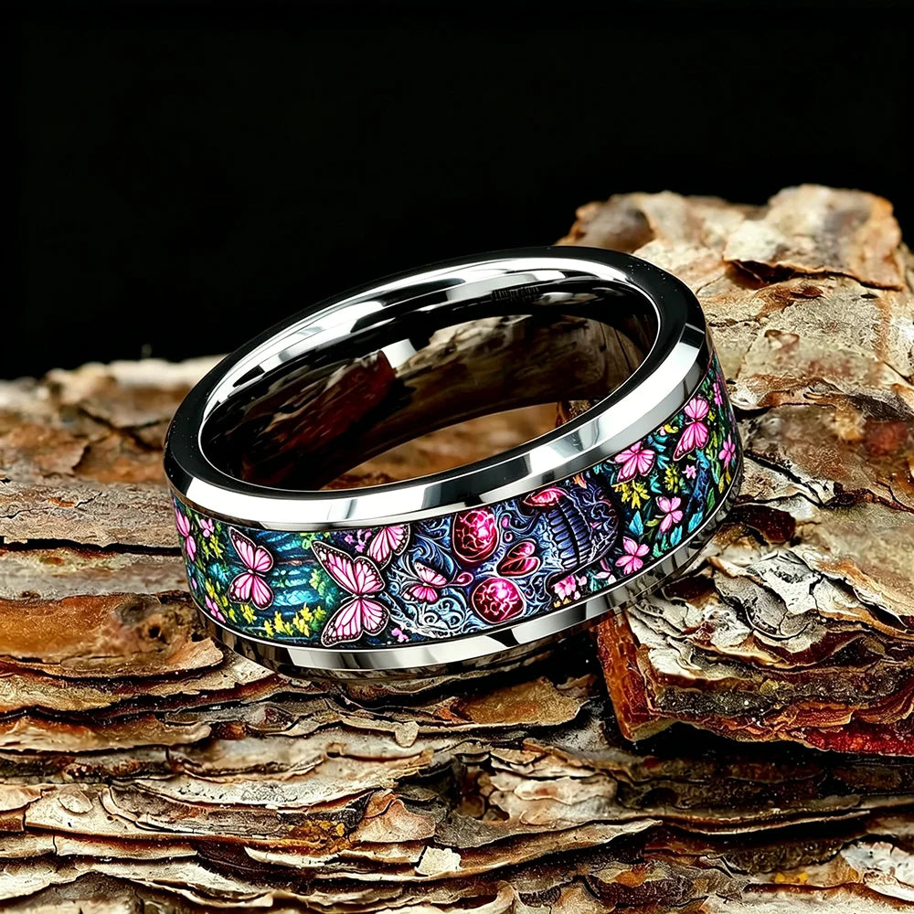 Vintage Gothic Punk Sugar Skull Pink Butterfly Dark Forest Floral Stainless Steel Ring Halloween Aesthetic Wedding Band Jewelry