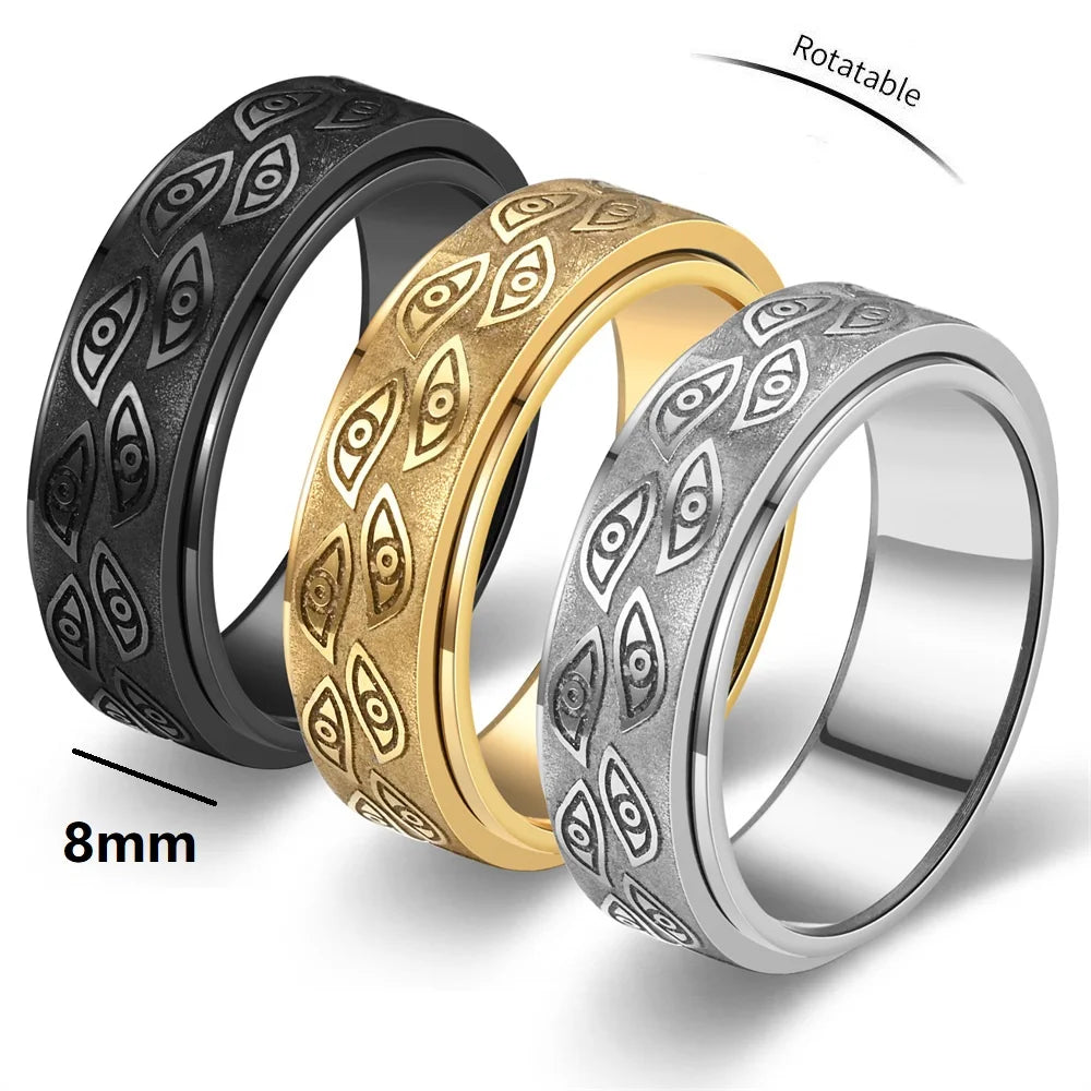 Stainless Steel Spinner Rings For Men Carved Demon Eye Rotatable Fidget Joint Ring Jewelry Bague Homme