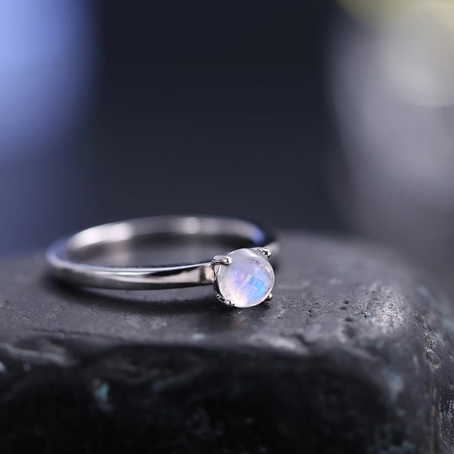 GEM'S BALLET June Birthstone 5mm Natural Rainbow Moonstone Solitaire Engagement Rings 925 Sterling Silver Promise Ring