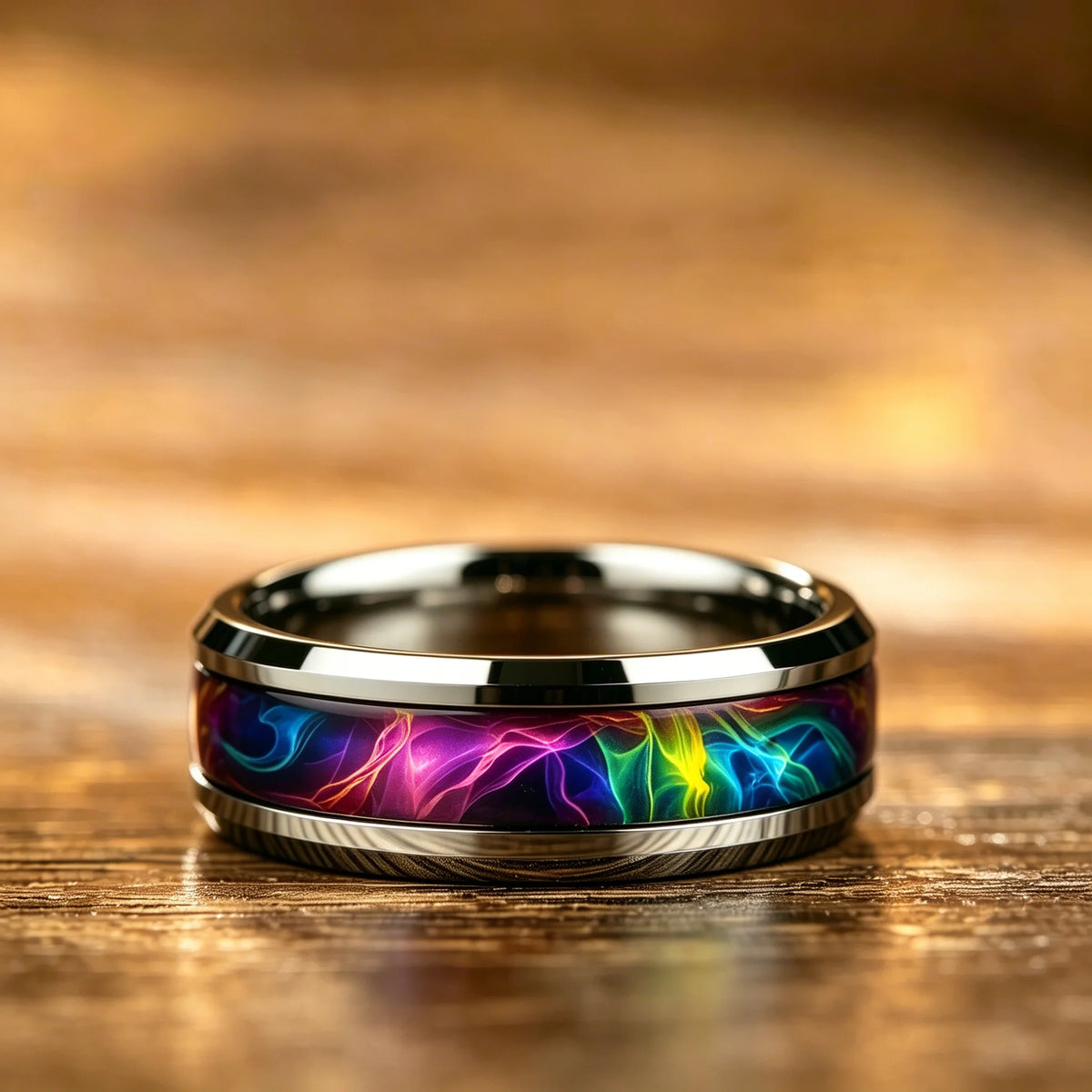 Men Stainless Steel Rings, 8mm Galaxy Style Rainbow Gradient Nebula Inlay Polished Beveled Edge Rings for Men Wedding Bands