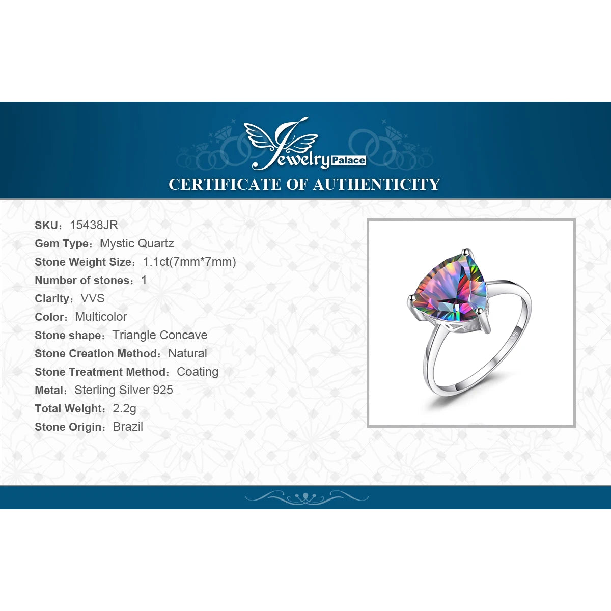 JewelryPalace 4.3ct Natural Rainbow Mystic Quartz 925 Sterling Silver Wedding Engagement Solitaire Ring for Women New Arrival