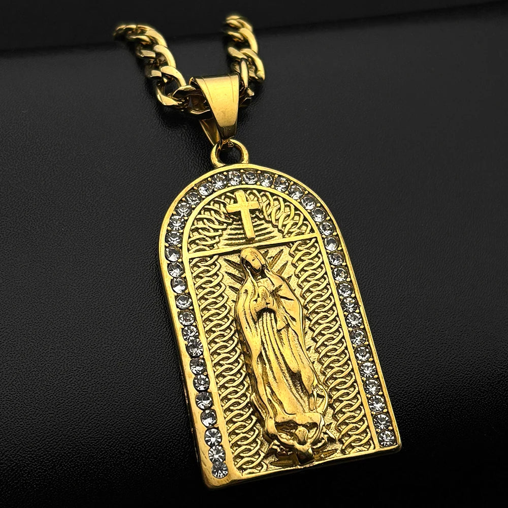 Catholic Virgin Mary Rhinestones Pendant Necklace for Women Men Stainless Steel Gold Color Our Lady of Guadalupe Chain Jewelry