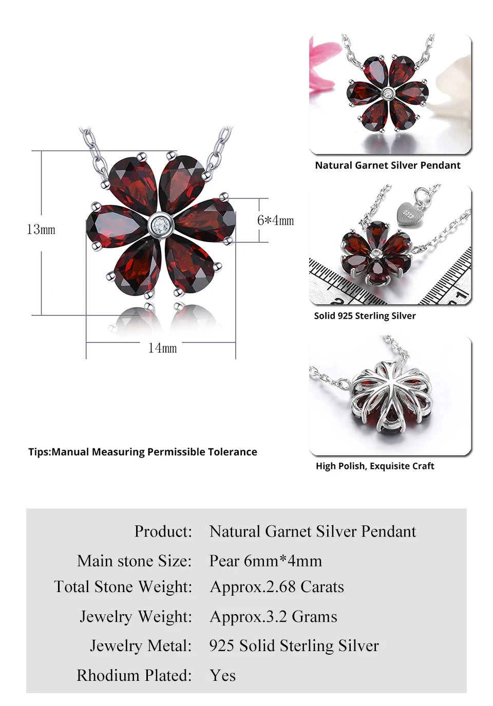 Natural Red Garnet Solid Sterling Silver Necklace 2.68 Carats Genuine Birthstone Romantic Flower Design S925 Fine Jewelry Gifts