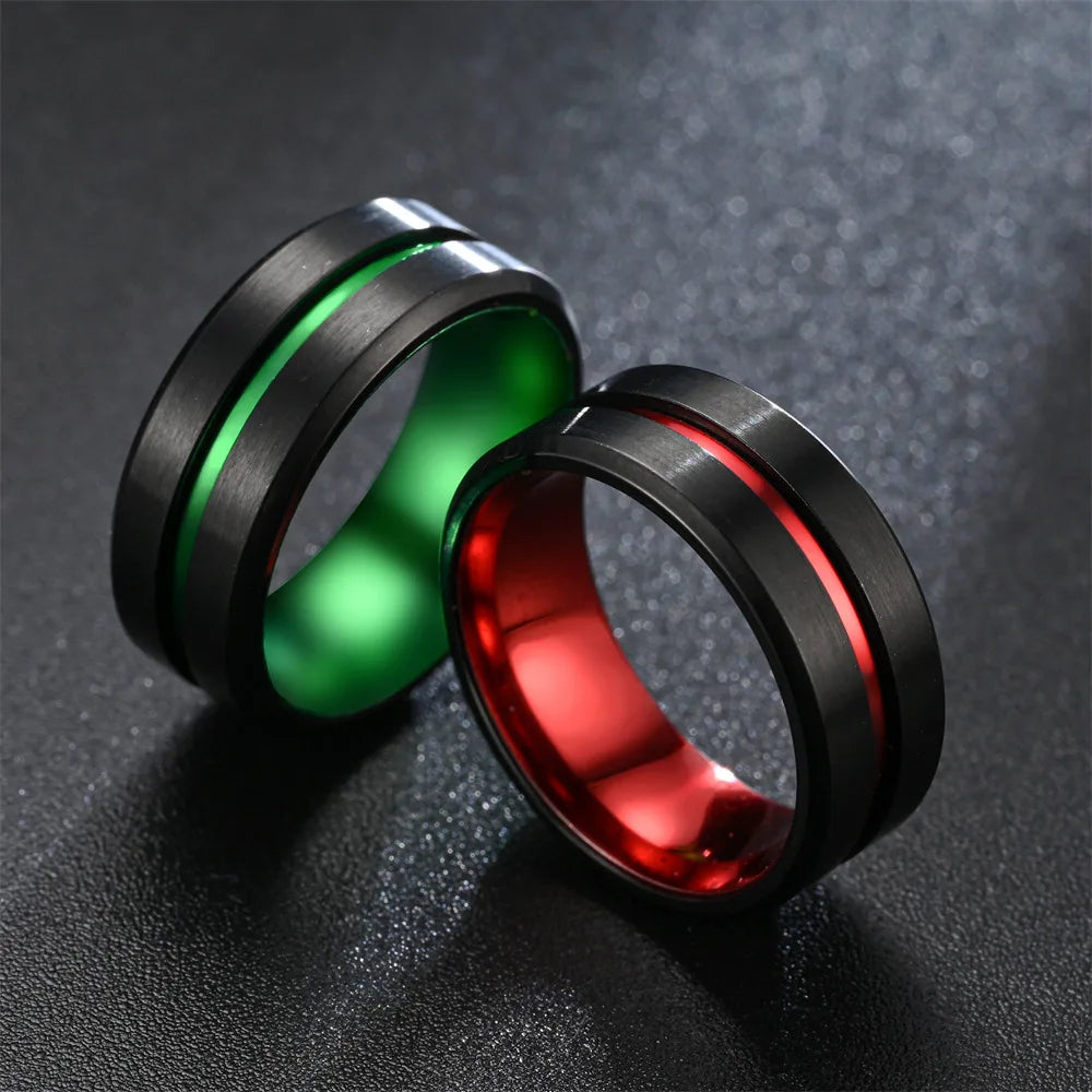 Fashion 8mm Green Color Titanium Stainless Steel Rings for Men Women Black Brushed Men Promise Rings Wedding Party Jewelry Gifts