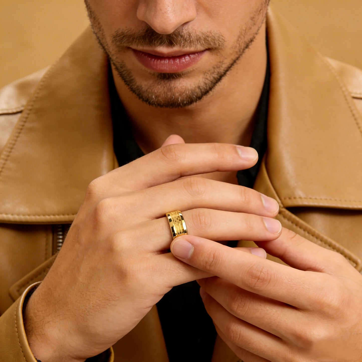 Gold Color Carbon Fiber Inlay Rings For Men, Luxury 8MM Men Gold Color Stainless Steel Rings, Wedding Band Jewelry Drop Shipping