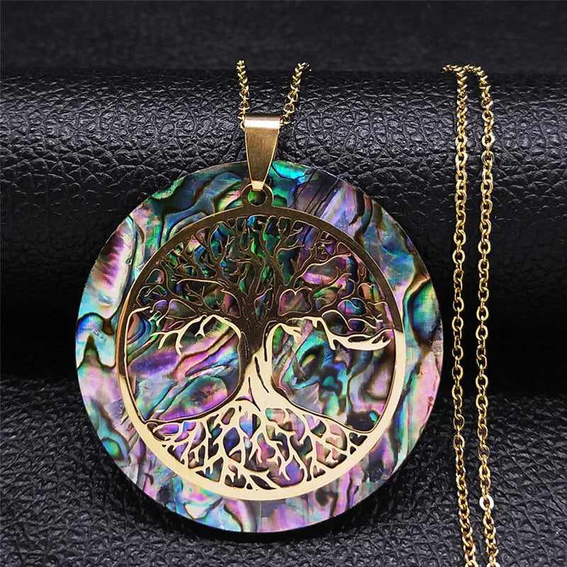 Tree of Life Stainless Steel Abalone Shell Natural Necklace Chain Gold Color Necklaces Mother Pearl Shell Boho Jewelry Collar NX