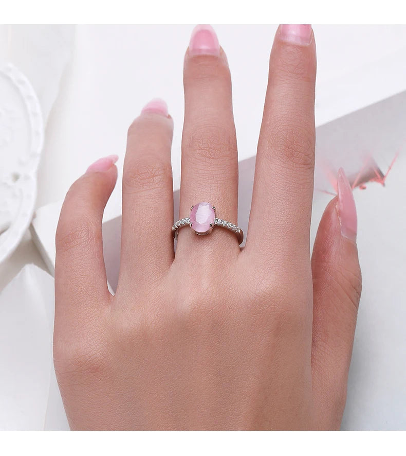 Modian Genuine 925 Sterling Silver Fashion Romantic Oval Pink Opal Finger Ring For Women Girls Charm Party Fine Jewelry Gifts