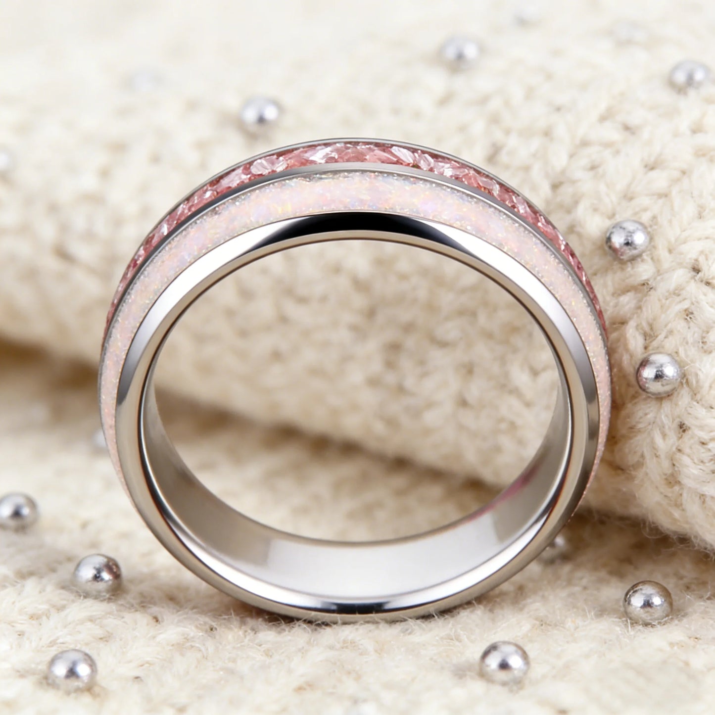 Fashion 8mm Silver Color Women Stainless Steel Ring with White Opal and Pink Stone Inlay Rings for Men Women Wedding Jewelry