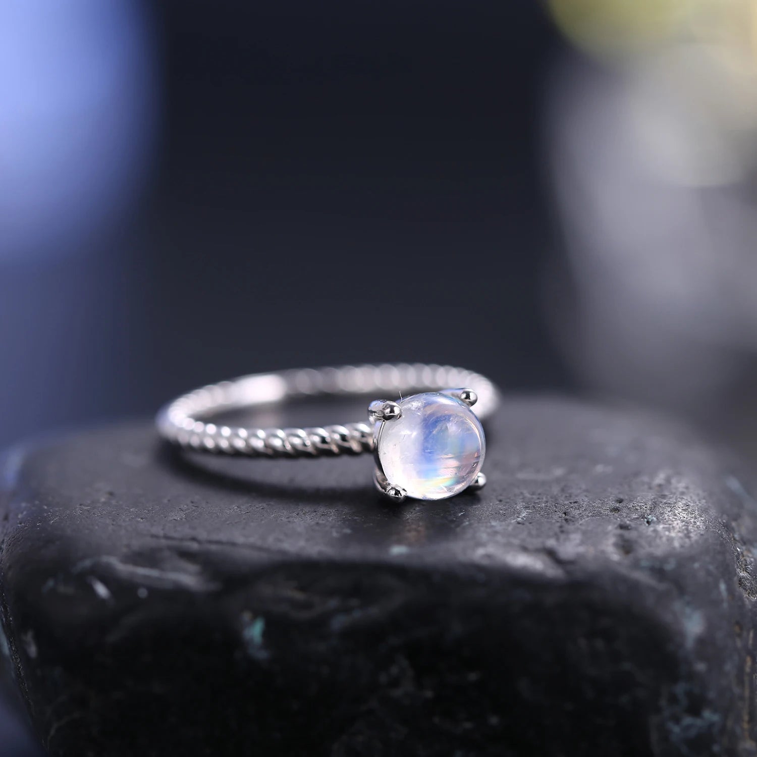 GEM'S BALLET Moonstone Jewellery Textured Milky Blue Moonstone Ring in 925 Sterling Silver, Stylish Gemstone Ring Gift for Her