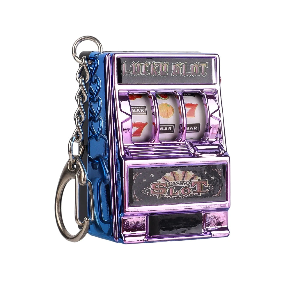 Mini Gambling Slot Machine Key Chains Creative Arcade Pocket Fruit Lucky Jackpot Gadget Antistress Toy Funny Games Keychain Ring purple