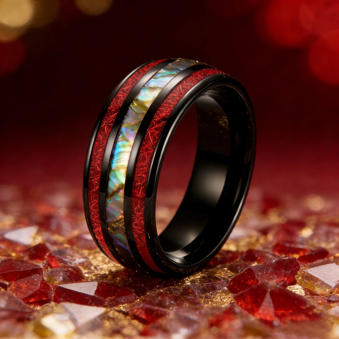 Fashion Colorful Abalone Shell and Red Meteorite Inlay Rings, 8mm Black Stainless Steel Rings for Men, Men Wedding Party Jewelry