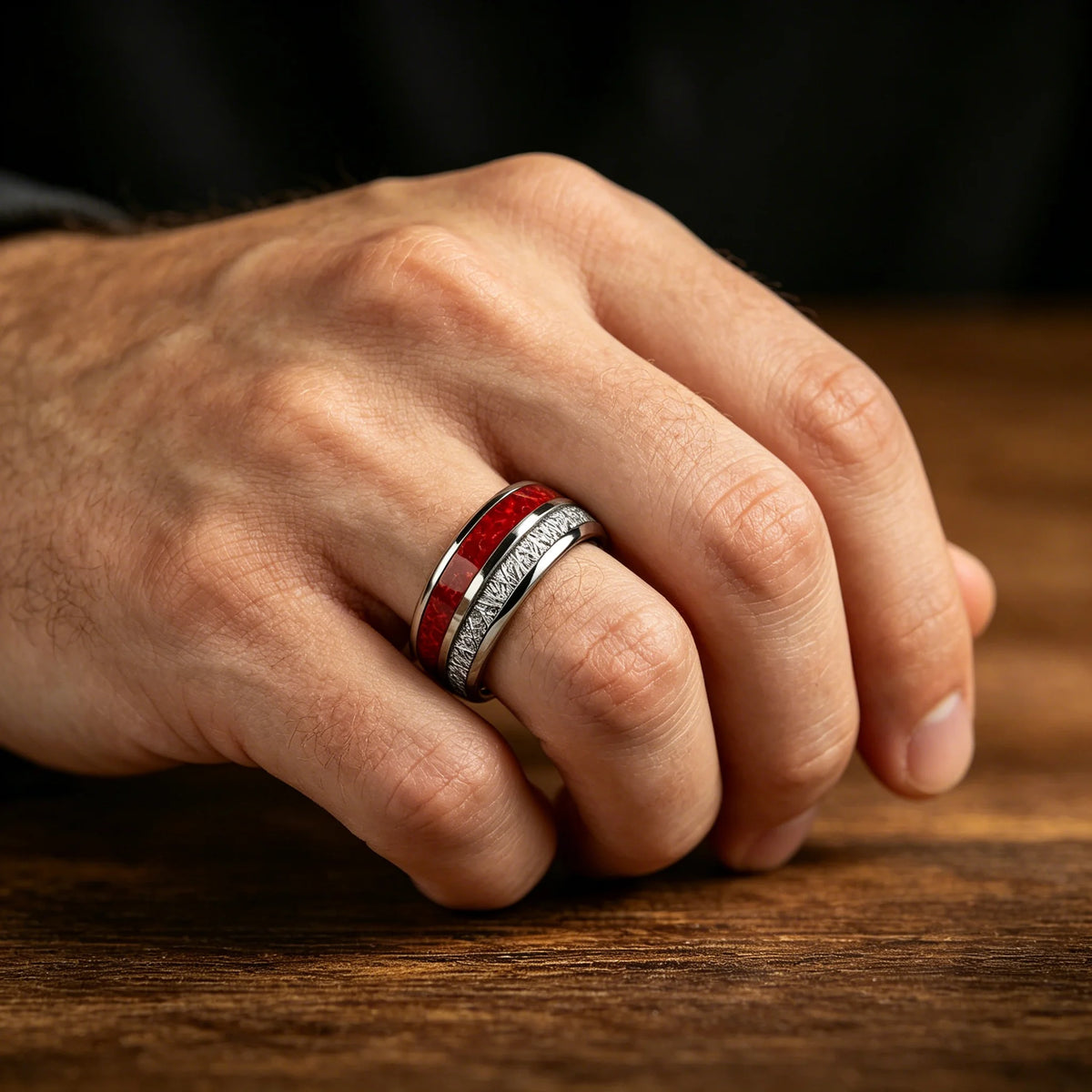 Luxury Red Opal & Meteorite Inlay Rings for Men Women, Fashion 8mm Silver Color Men Stainless Steel Rings, Wedding Band Jewelry