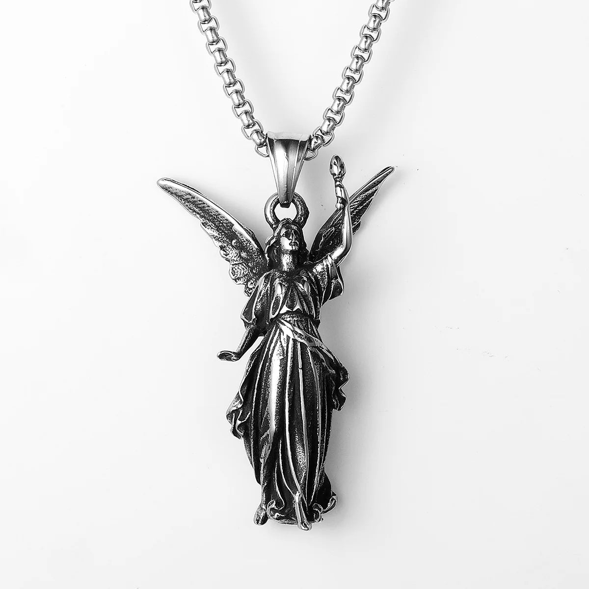 Angel Statue of Liberty Stainless Steel Men Necklaces Pendant Chain Powerful Amulet Vintage for Women Jewelry Gifts Wholesale