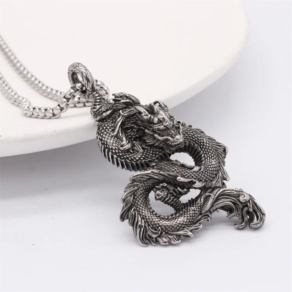 Stainless Steel Dragon Necklace for Men - Chinese Zodiac Pendant Jewelry Gift, Oriental Amulet Gift, Asian Mythology Accessories