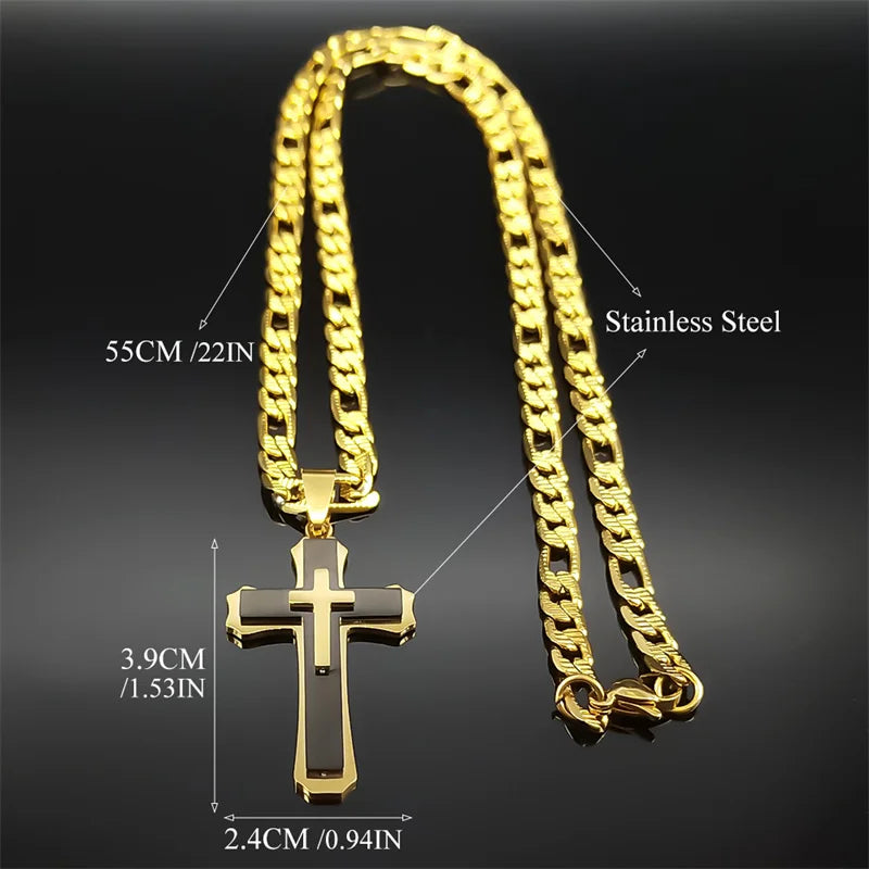 Hip Hop Christian Cross Stainless Steel Long Chain Pendant Necklaces for Women Men Gold Color Necklace Amulet Jewelry Gift