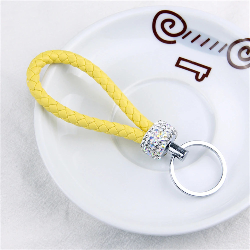 Fashion PU Leather Woven Keychain Glitter Rhinestones Braided Rope Keyring For Men Women Car Key Holder Charms Accessories Gifts K CHINA