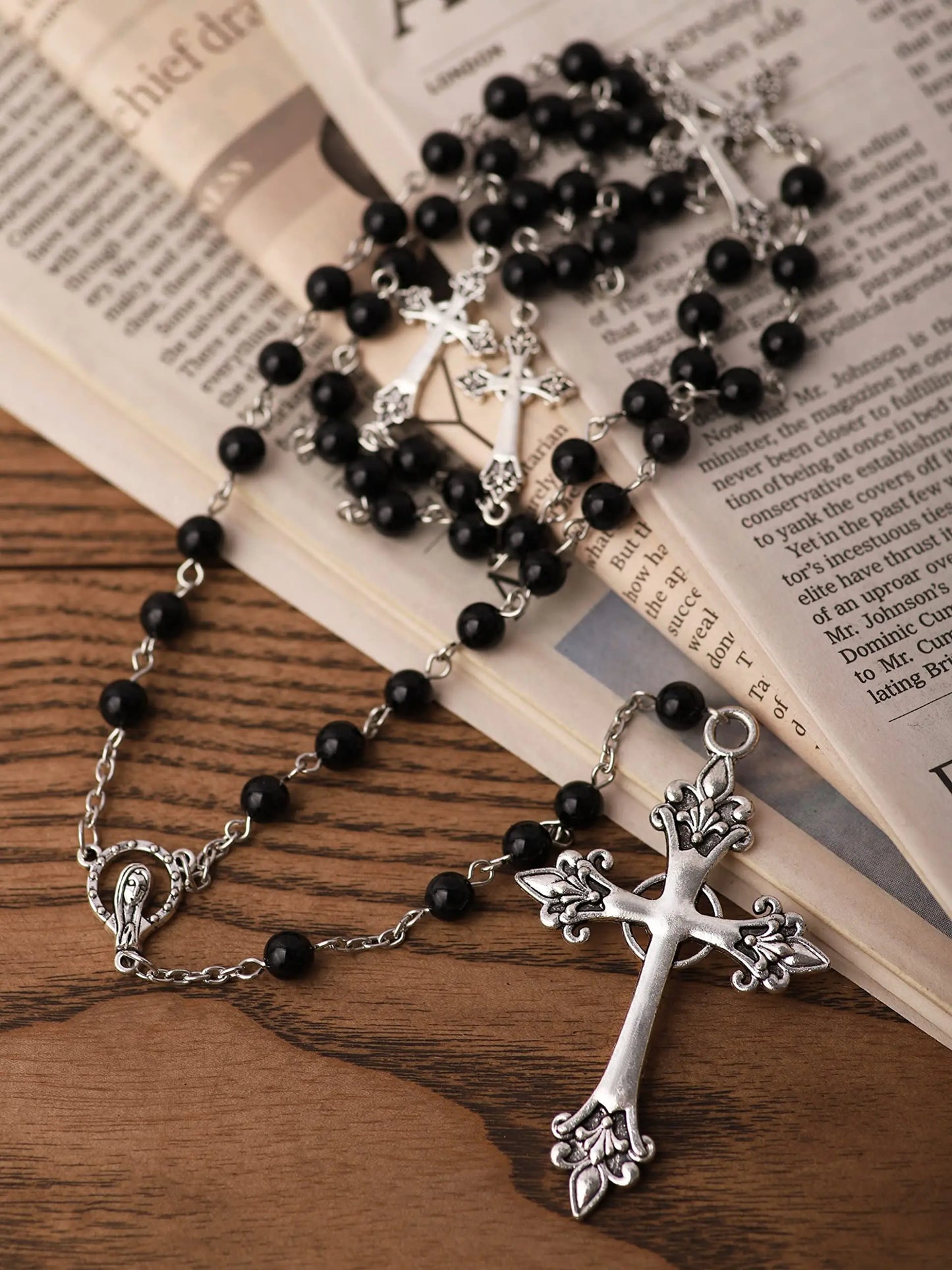 1PC Black Rosary Necklace with Long Cross Pendant Religious Y Necklace for Men And Women Jewelry