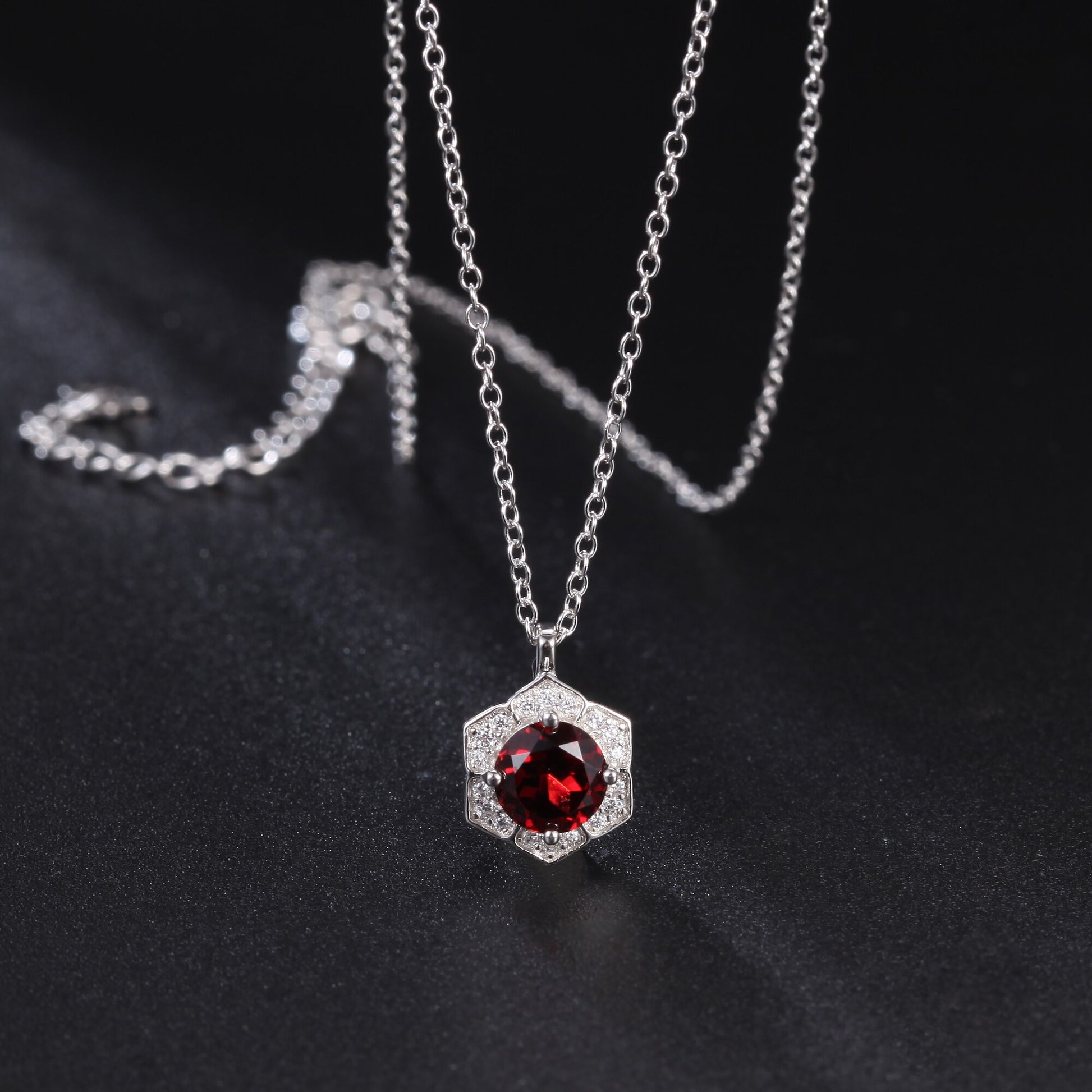 GEM&#39;S BALLET Hexagon Gemstone Necklace 6mm Round Red Garnet Halo Solitarie Pendant Necklace in 925 Sterling Silver Gift For Her