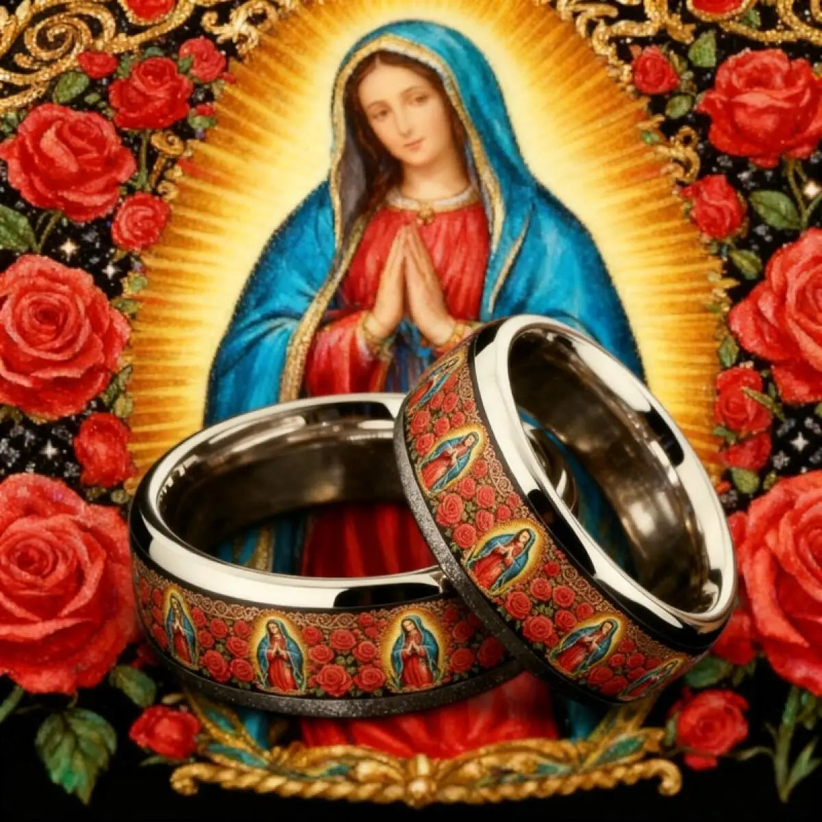 Vintage Our Lady of Guadalupe Ring Stainless Steel Christian Virgin Mary Rings For Men Women Religious Lucky Amulet Jewelry Gift