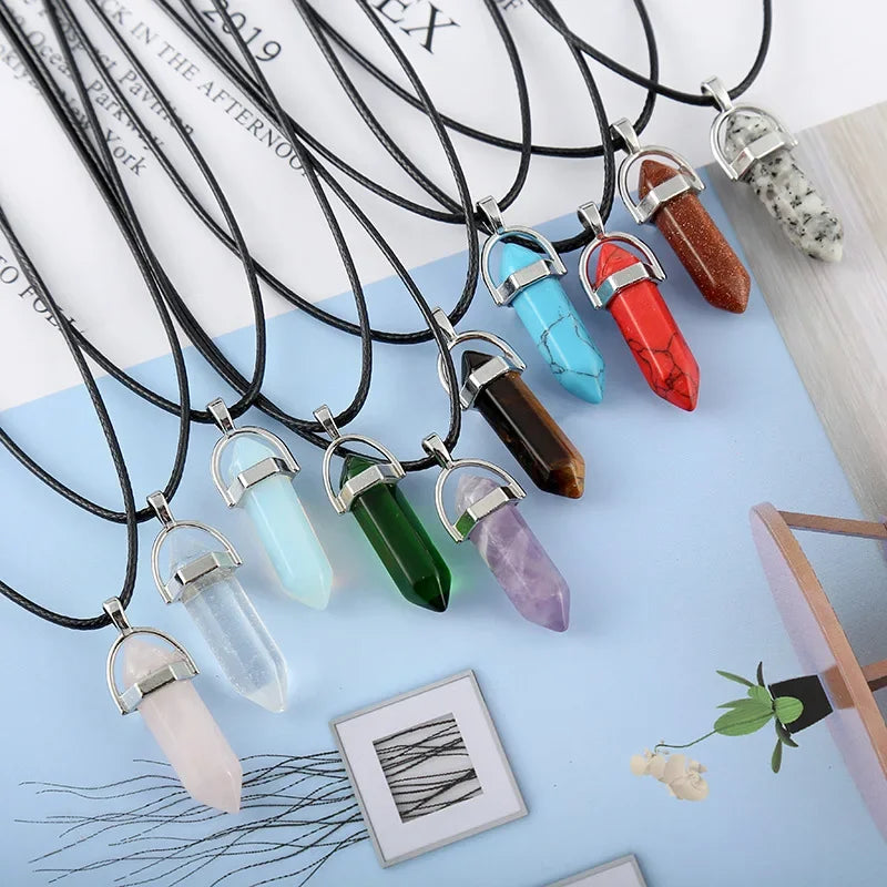 Natural Crystal Wishing Stone Necklace Energy Stone Hexagonal Pendant Men Women Birthday Gift Healing Talisman Jewelry