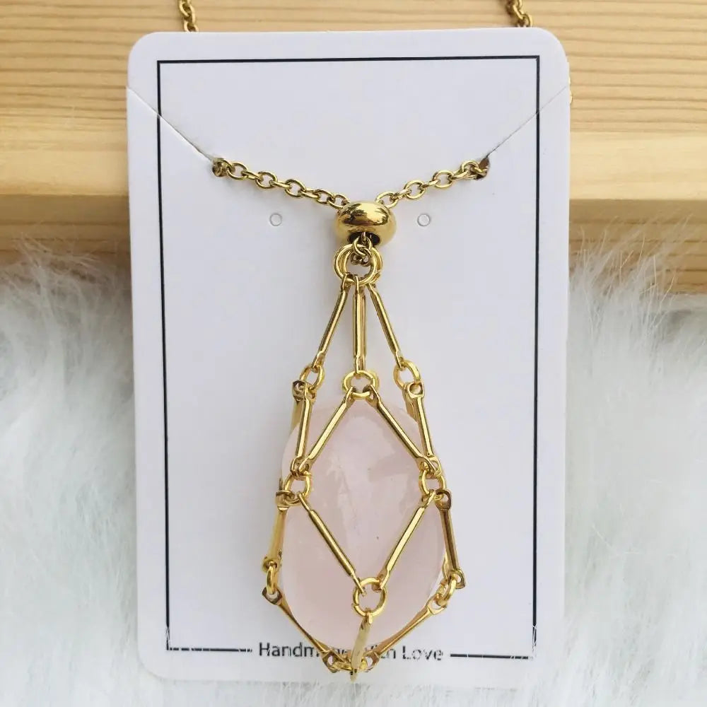 Crystal Holder Cage Necklace with Crystal Stone Interchangeable Adjustable Crystal Net Metal Necklace for Women Gold Rose Quartz