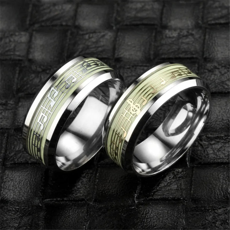 Stainless Steel Ring, Glowing In Dark Luminous Rings, Music Stave Pattern Rings for Men Women, Fashion Wedding Bands Jewelry