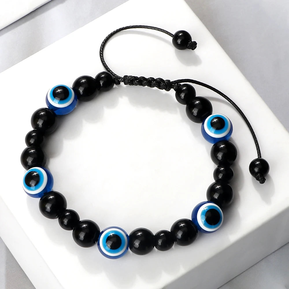 Blue Evil Eye Beaded Bracelets Natural Cat Eye Stone 6 8mm Opal Men Bangles Adjustable Women Bracelet Lucky Yoga Jewelry Gifts