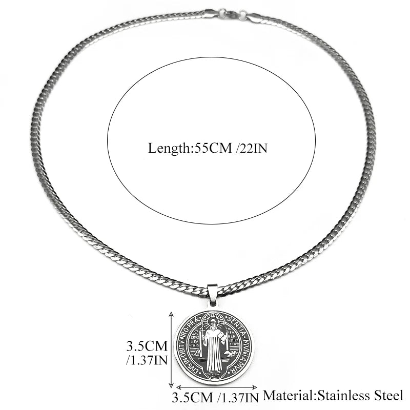 San Benito Exorcist Pendant Necklace for Women Men Stainless Steel Christian Saint Benedict Religious Amulet Chain Jewelry