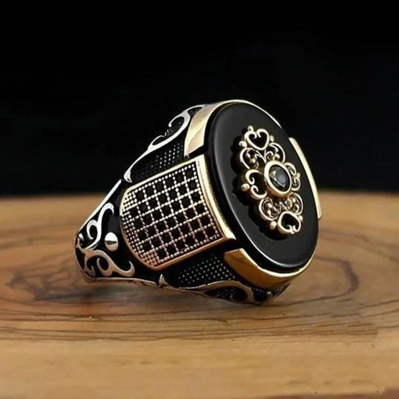 New Retro Handmade Turkish Rings for Men Vintage Double Swords Black Zircon Rings Punk 2024 Trendy Islamic Religious Muslim