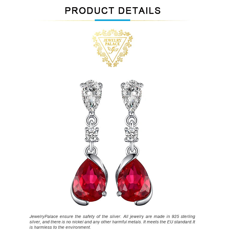 JewelryPalace 1.9ct Pear Created Red Ruby 925 Sterling Silver Drop Earrings for Woman Fashion Gemstone Jewelry Anniversary Gift