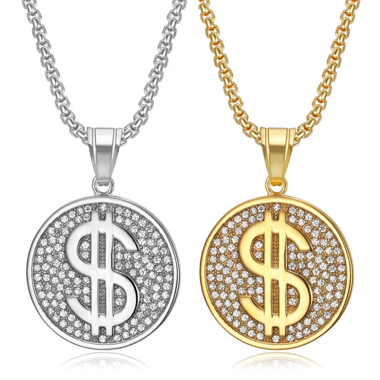 Unisex 18K Gold Plated Stainless Steel Rhinestones Dollar Pendant HipHop Bitcoin Chains Necklace for Gift