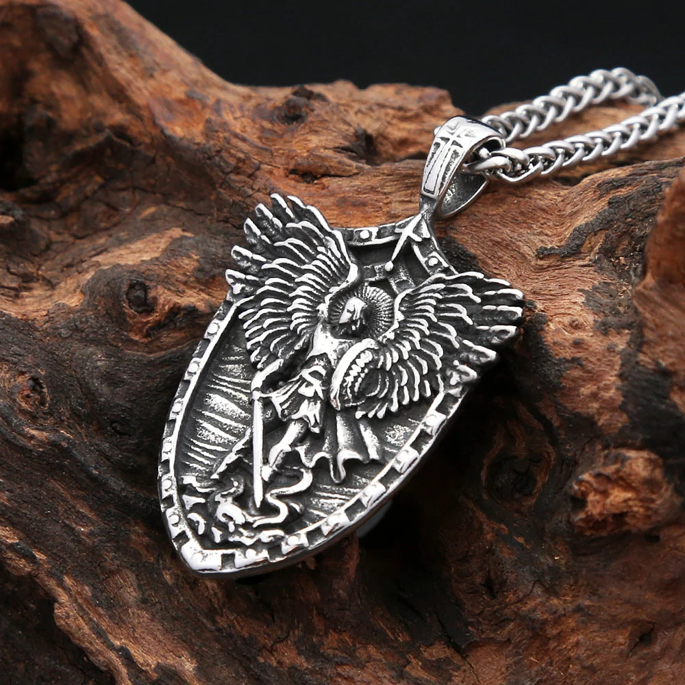 Fashion Vintage Stain Michael With Angel Wings Pandent Necklaces For Men Women Stainless Steel Biker Amulet Jewelry Dropshipping