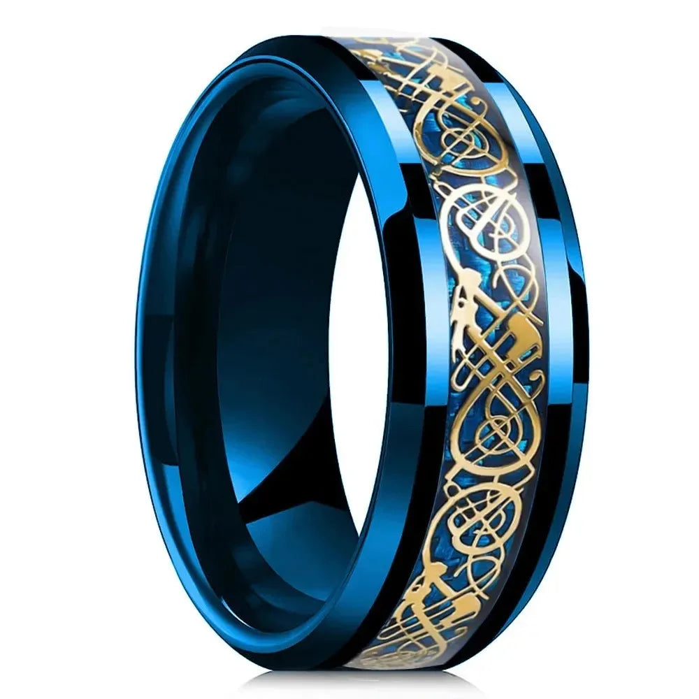 Fashion 8mm Black Tungsten Wedding Celtic Dragon Rings Inlaid Blue Zircon Stainless Steel Rings for Men Blue Carbon Fibre Ring