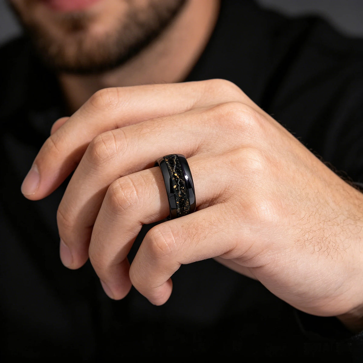 Fashion Mens Stainless Steel Rings With Black Gold Color Meteorite Inlay Ring for Men Jewelry Suitable for Daily Wear, Non-Fade