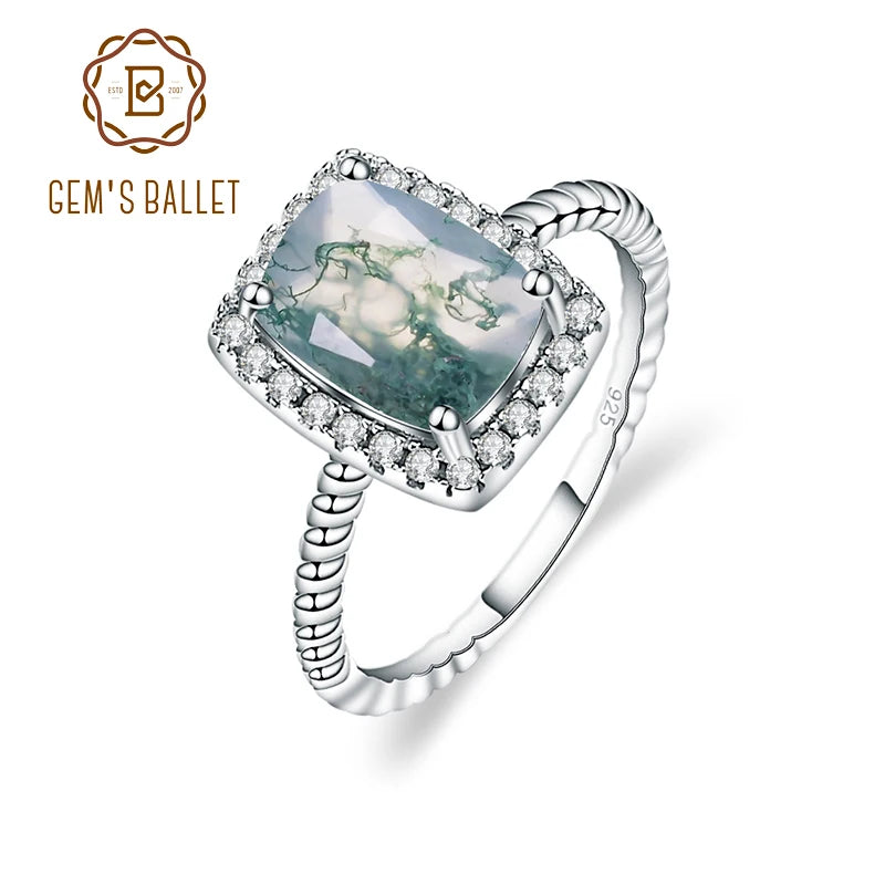 GEM'S BALLET 1.78Ct 6x8mm Cushion Moss Agate Halo Engagement Rings 925 Sterling Silver Stripes Promise Ring Gift For Her