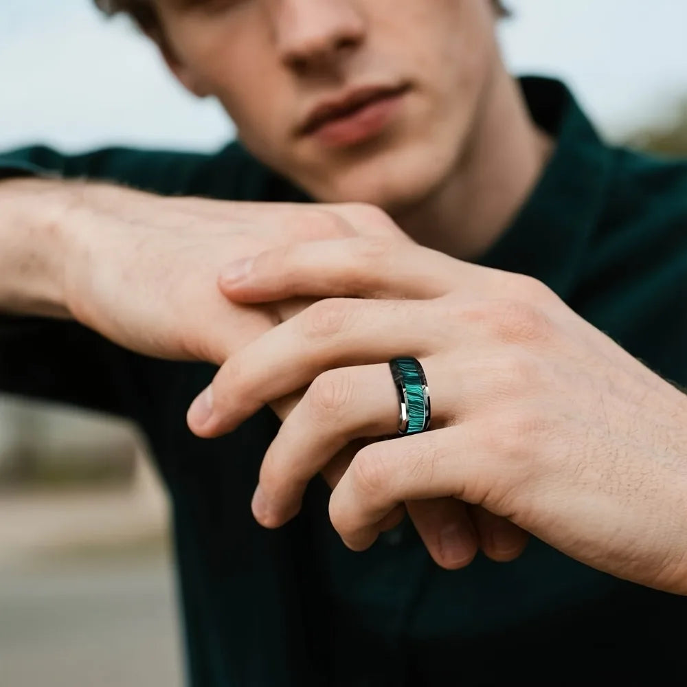 8MM Imitation of Peacock Stone Inlay Men's Stainless Steel Rings Silver Color Wedding Band Jewelry for Men Steel Ring