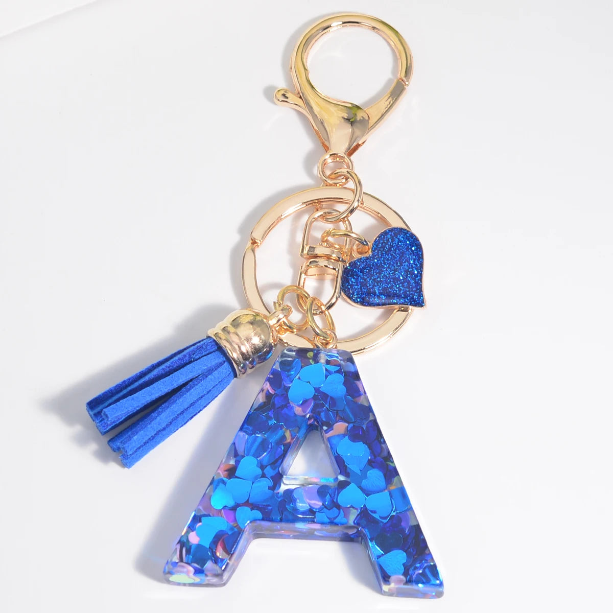 26 Initials Letter Key Pendant with Blue Tassel Alloy Love Fashion Girls Handbag Glitter Gradient Resin Alphabet Keychain Charms A CHINA
